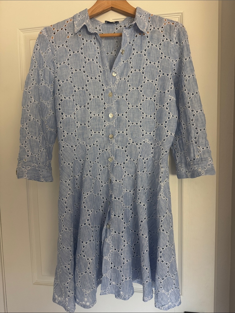 Women Light Blue Eyelet Button-Down Dress
